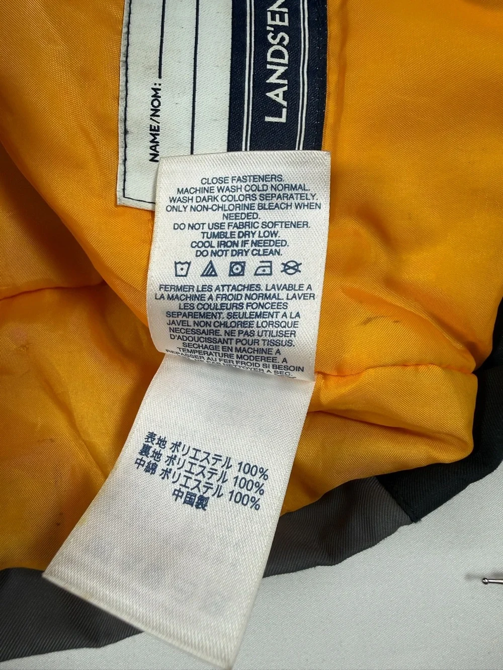 LANDS’ END Boys Hooded Insulated Colorblock Jacket Gray Black Orange Size 3T